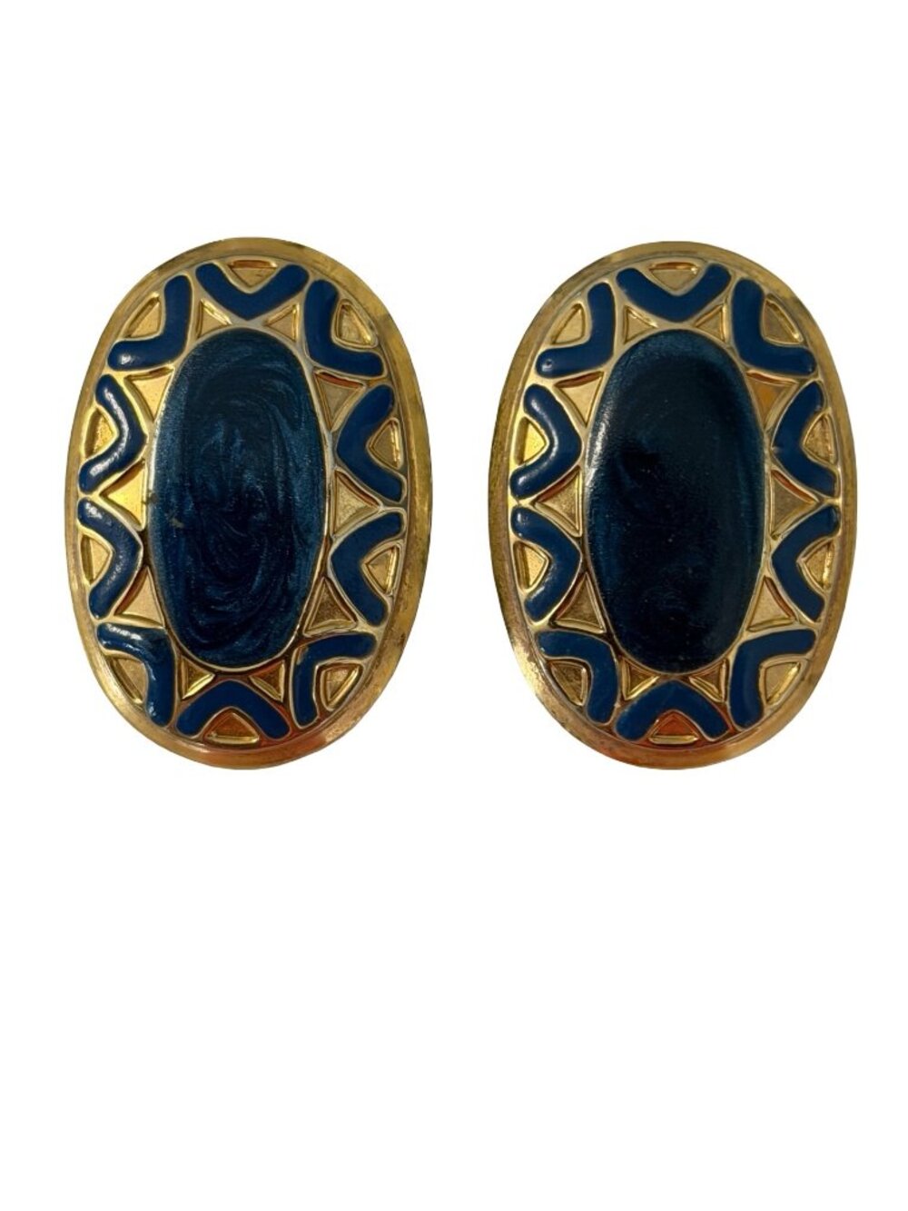 Vintage Blue Enamel Oval Earrings Gold Tone Statement Earrings Retro Geometric J
